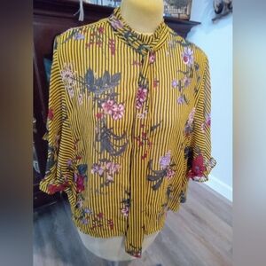 Truth NYC Plus Sz 3X Yellow Floral Striped Blouse With Neck Tie And Wide Sleeves